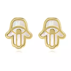 Zlaté náušnice 14K symbol Hamsa s prírodnou perleťou
